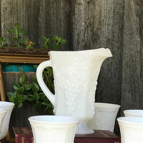 Vintage Milk White Glass Pitcher Vase Creamer Anchor Hocking Etsy In 2021 White Milk Glass