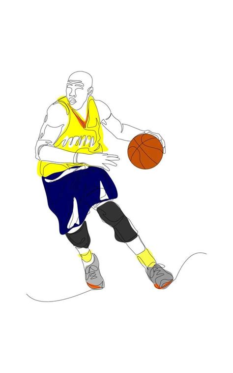 Continuous One Line Drawing Of Basketball Player Dribbling And Holding