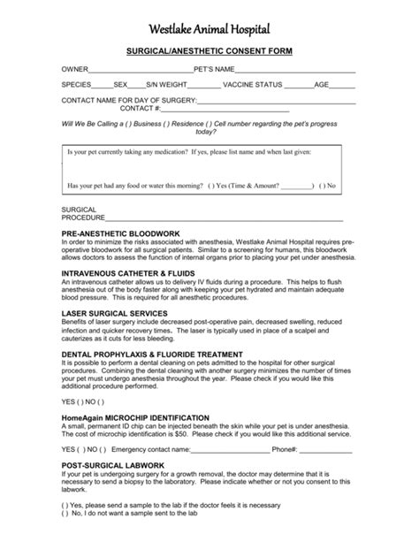 Surgical Anesthetic Consent Form