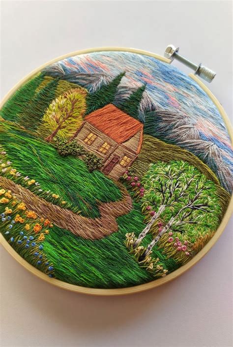 Landscape Embroidery Thread Painting Original Artwork Etsy Crewel