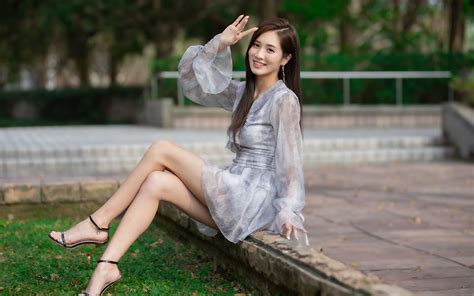 Wallpaper Smile Young Woman Legs Asiatic Sit Frock 1920x1200