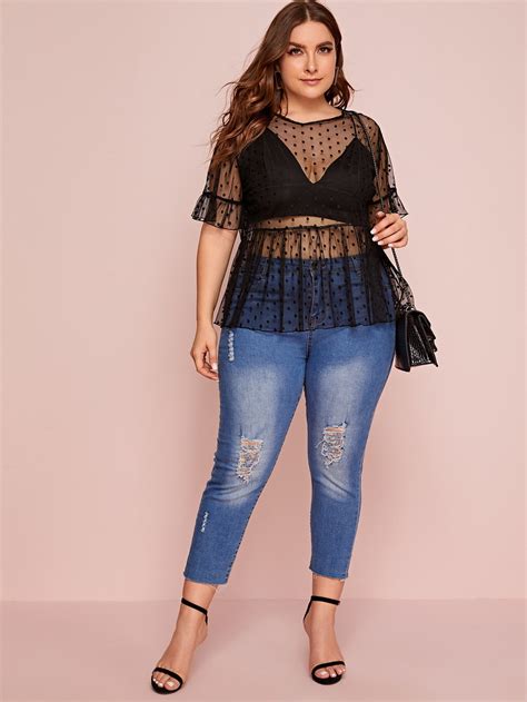 Shein Priv Plus Dot Mesh Sheer Peplum Top Without Bra Shein Usa