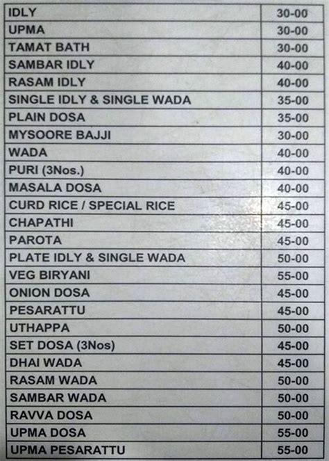 Menu At Sri Vasavi Raghavendra Darshini Tiffins Hyderabad Hjc R