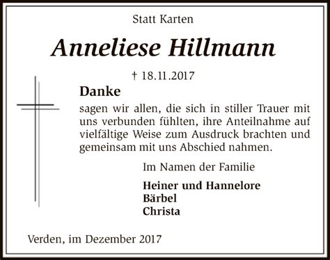 Traueranzeigen Von Anneliese Hillmann Trauer Kreiszeitung De