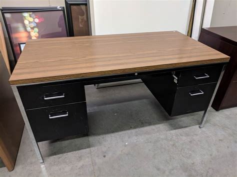 Black Steelcase Black Metal Desk With Walnut Laminate Top By Steelcase