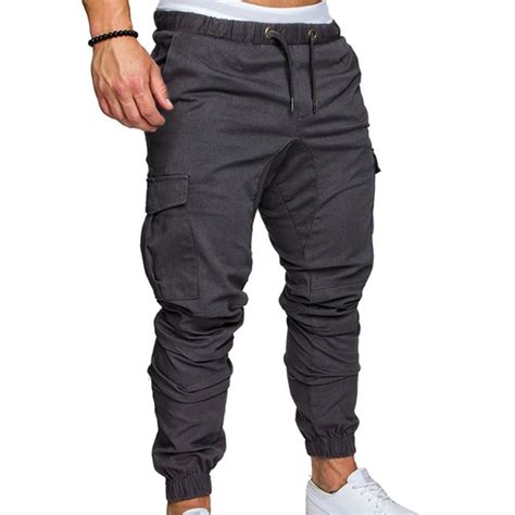 Joggers Fashion Mens Solid Side Pockets Cargo Long Pants Drawstring Elastic Waist Casual Army