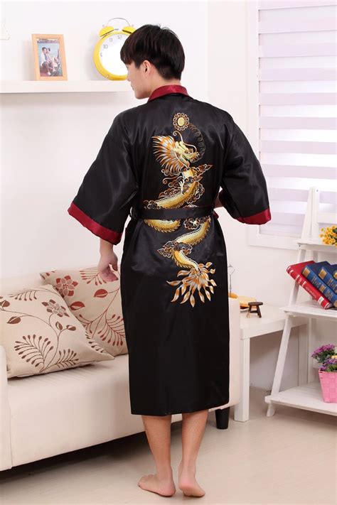 Black Double Side Embroidery Dragon Male Long Robe Grandado