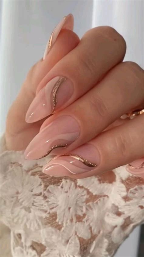 Nails Inspo Ideas Almond Shape Nude Nails With Gold White Spirals Pink