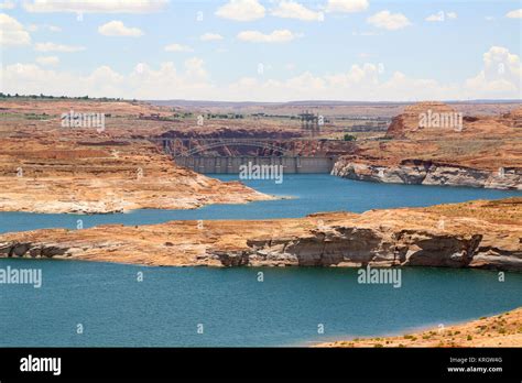 Lake Powell Arizona With Glen Canyon Dam In Background Stock Photo Alamy