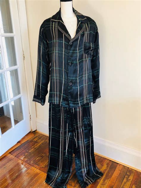 Mens 40s 50s Satin Plaid Pajama Set Vintage Black Green Etsy Plaid