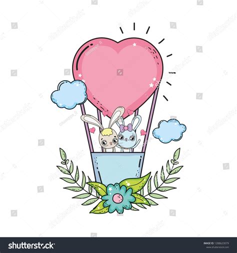 Rabbits Couple Flying Balloon Air Hot Stock Vector Royalty Free