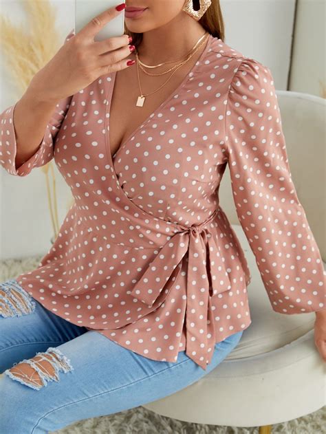 Plus Polka Dot Puff Sleeve Wrap Knot Side Blouse Plus Size Blouses