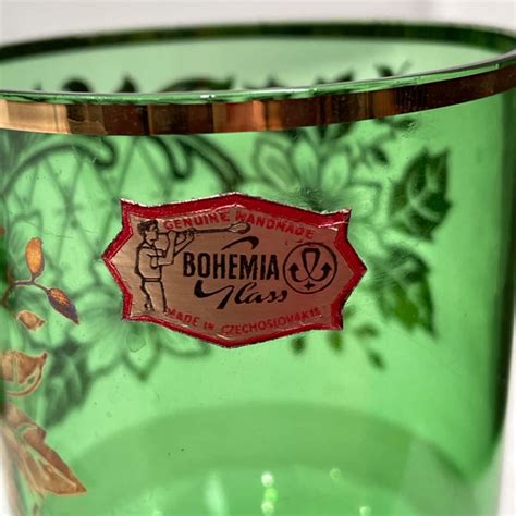 Bohemia Glass Jug With 6 Glasses Green And Gold Floral Pattern