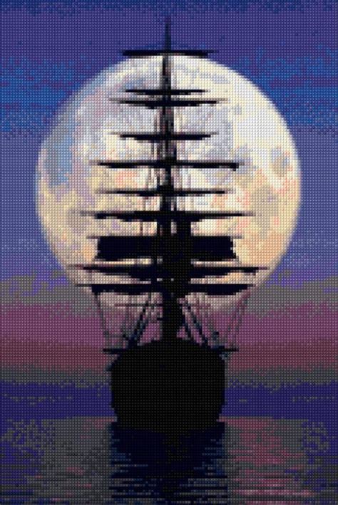 Ocean Moonlight Sailboat Landscape Cross Stitch Pattern Pdf Easy Chart