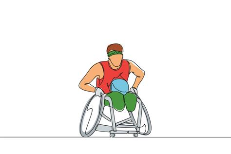 Continuous One Line Drawing Sportsman Play Rugby On Wheelchair Sport