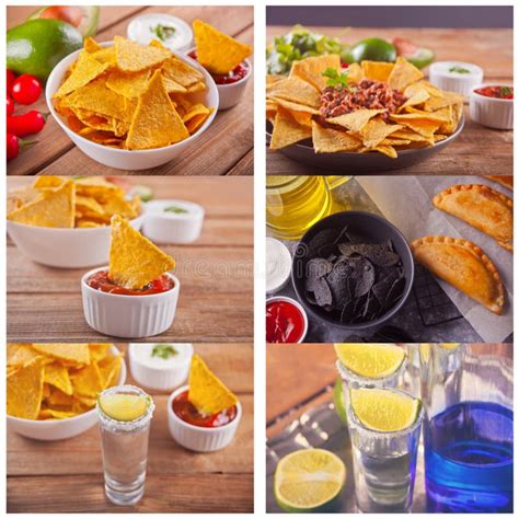 Collage With Mexican Corn Chips Nachos With Salsa Dip And Tequila Stock