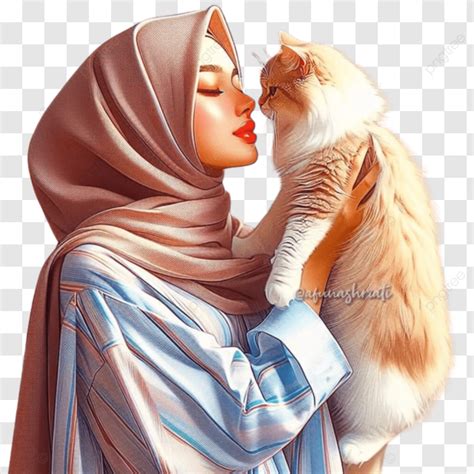 Una Mujer Con Hijab Sonriendo Mientras Sostiene Un Gato PNG Dibujos