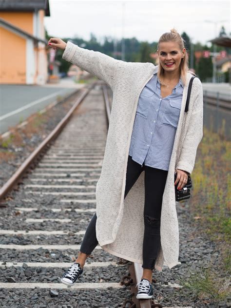 Outfit Long Cardigan Streifenbluse Und Skinny Jeans La Katy Fox