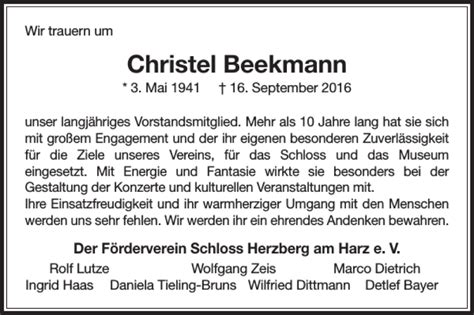 Traueranzeigen Von Christel Beekmann Harztrauer De