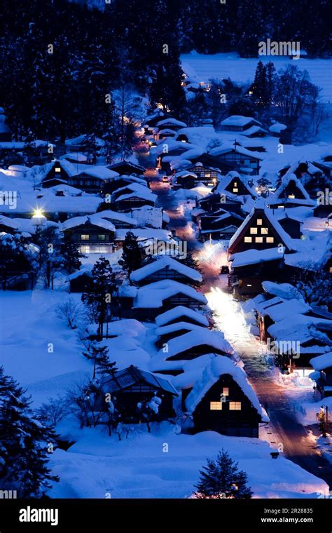 Night View Of The Snowy Shirakawa Go Gassho Zukuri Village Stock Photo