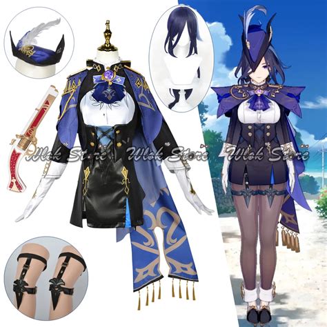 Genshin Impact Clorinde Cosplay Costume Full Set Dress Hat Earclips