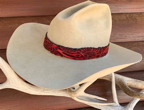 Red Leather Hat Band Carved Leather Band For Hat Cowboy And Etsy