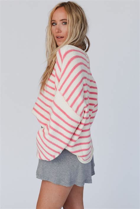 9 7 Pink Striped Drop Shoulder Oversized Sweater Wholesale