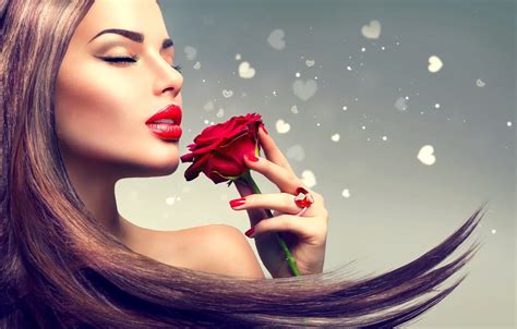 Обои Girl Brunette Model Rose Style Background Long Hair Makeup