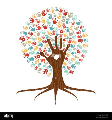 Human Handprint Multicolor Tree With Hands Of Colorful Ethnic Group