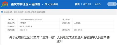 2021年重庆黔江区三支一扶人员笔试成绩及进入资格复审人员名单通知