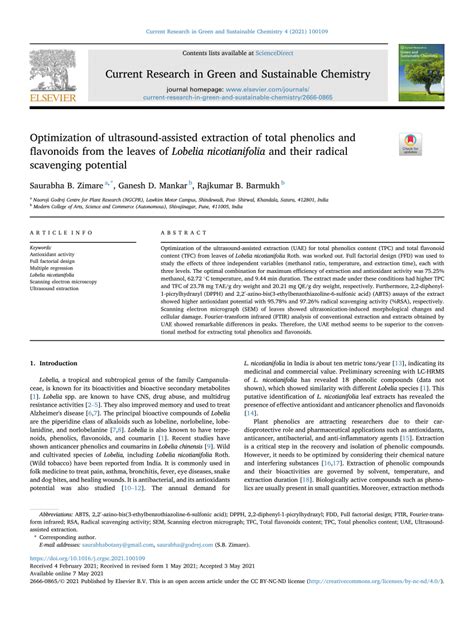 Pdf Optimization Of Ultrasound Assisted Extraction Of Total Phenolics And Flavonoids From The