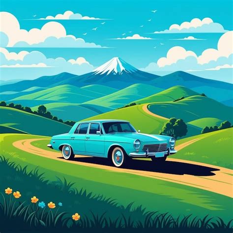 A Blue Car Is Driving Down A Dirt Road With Mountains In The Background