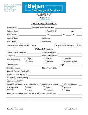 Fillable Online Adult Intake Form Beljan Psych Fax Email Print