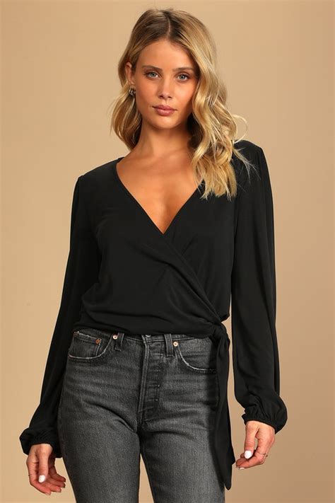 Black Wrap Top Long Sleeve Top Wrap Top Womens Tops Lulus