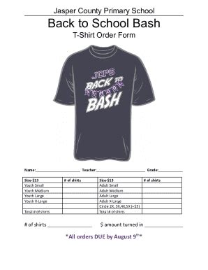 Fillable Online Back To School Bash Tshirt Order Form 1 Fax Email