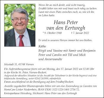 Traueranzeigen Von Hans Peter Van Den Eertwegh Trauer Und Gedenken