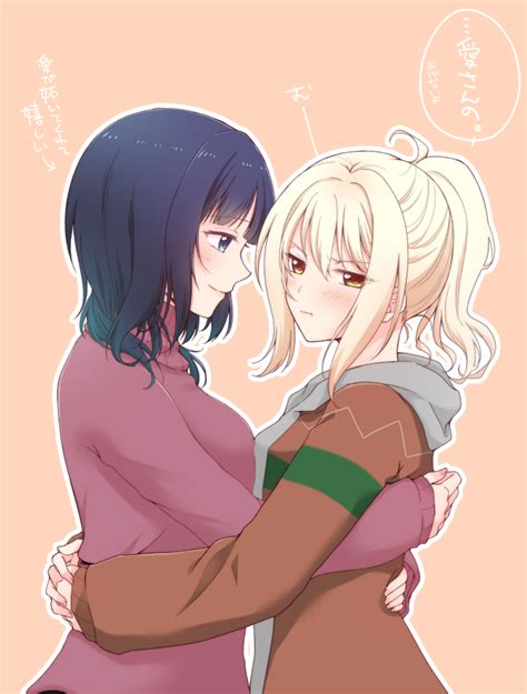 Safebooru 2girls Asaka Karin Blonde Hair Blue Eyes Blue Hair Blunt Bangs Blush Breast Press