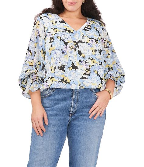 Vince Camuto Plus Size Floral Print 3 4 Sleeve V Neck Blouse Dillard S