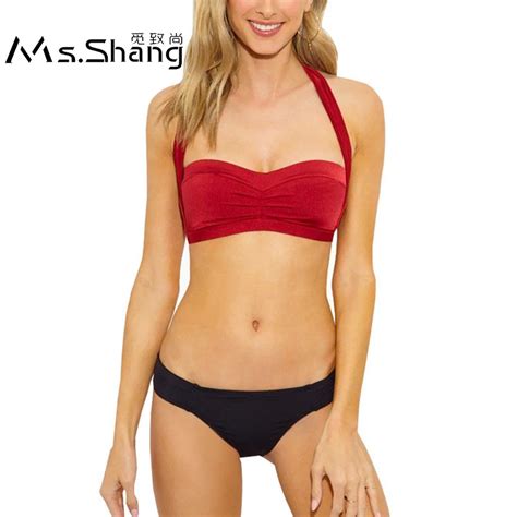 Ms Shang Red Sexy Bandeau Bikini Push Up Swimwear Women Halter Top