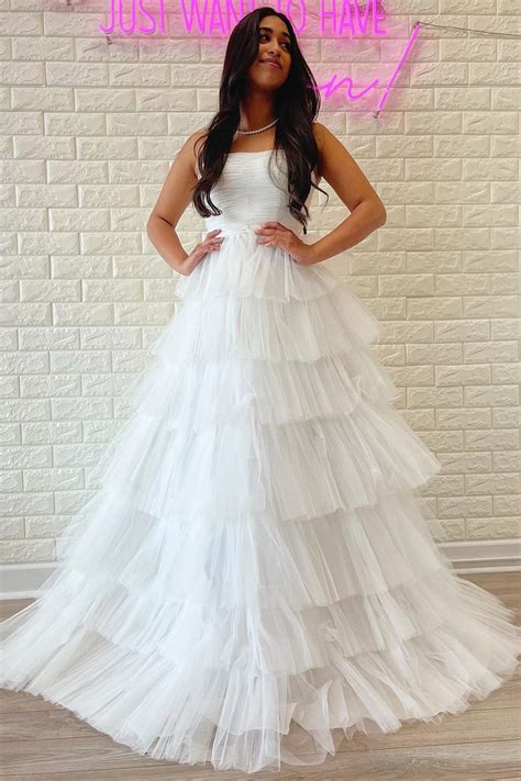 White Strapless Tiered A Line Long Prom Dress With Ruffles Modsele