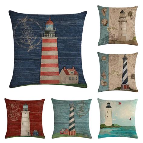 45cm 45cm Retro Nautical Lighthouse Pattern Linen Cotton Throw Pillow Covers Couch Cushion Cover