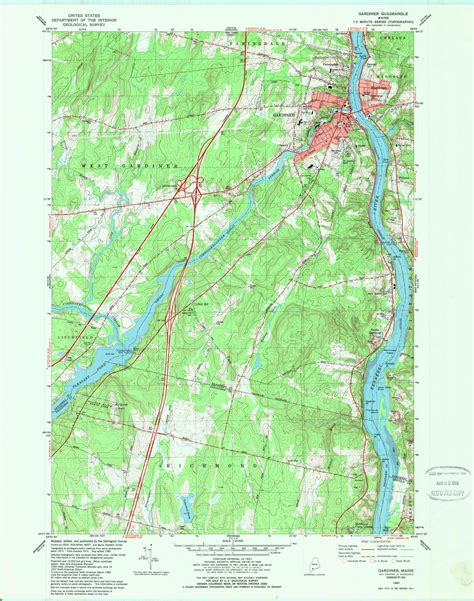 Gardiner Maine 1980 1989 USGS Old Topo Map Reprint 7x7 ME Quad