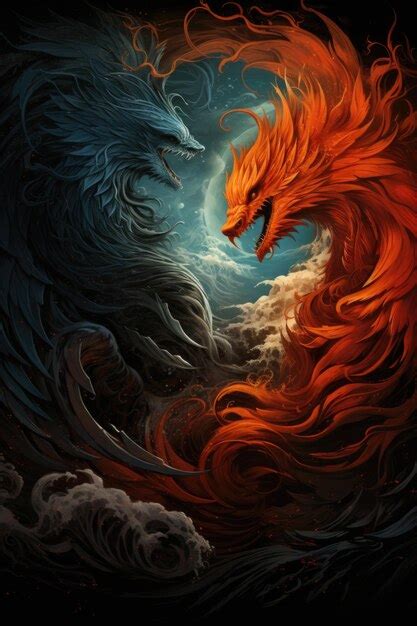 Premium Photo Fire Phoenix And Ice Dragon In The Yin And Yang In The