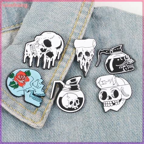 Skull Enamel Pins Brooch Collection Badges Coffee Pot Rose Pizza And