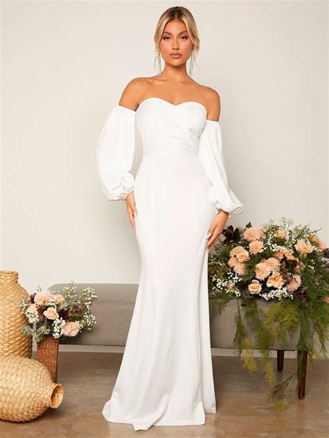 SHEIN Belle Off Shoulder Ruched Lantern Sleeve Mermaid Hem Wedding