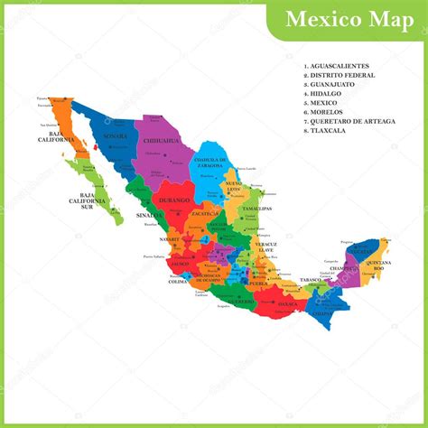 El mapa detallado del México con regiones o estados y ciudades