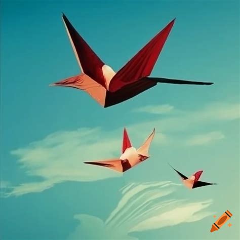 Paper Crane Flying With Mt Fuji And Lotus Flower In Japanese Art Style