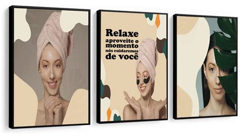 Kit 3 Quadros Decorativos Salão de Beleza Mulher Moldura