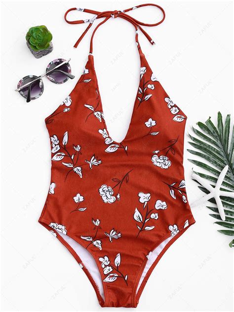 21 OFF 2021 Printed V Neck Slimming One Piece Swimsuit In RED ZAFUL