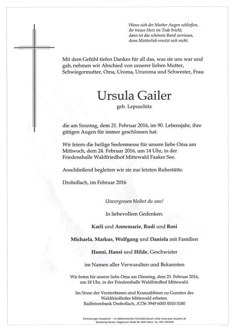 Parte für Ursula Gailer geb Lepuschitz pax requiem